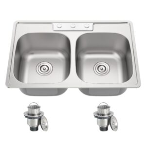 JoviPrime 33 Inch Double Bowl Drop In 50/50 Kitchen Sink Top Mounted 18 Gauge 304 Stainless Steel Sink with Strainer 33" x 22" x 9"