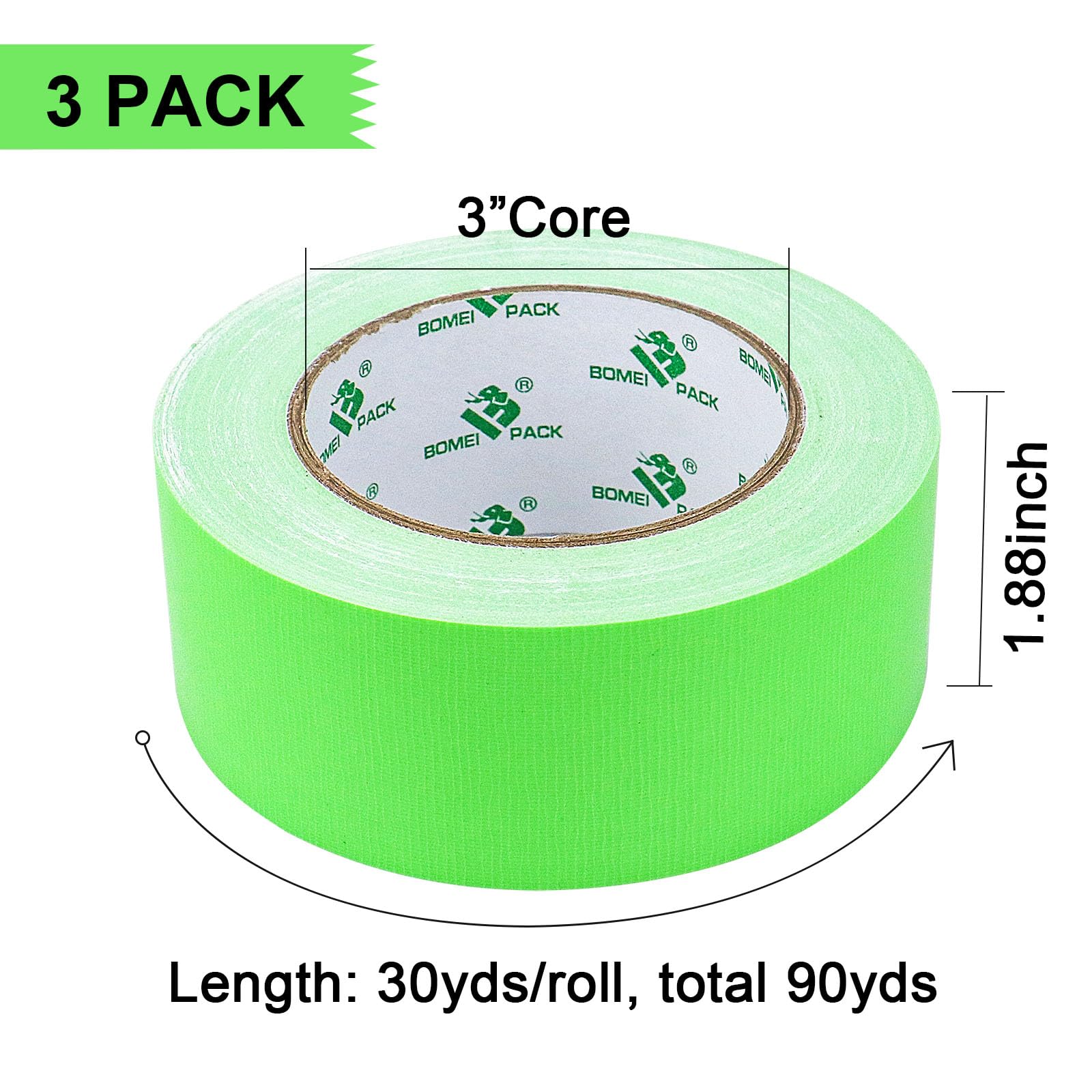 BOMEI PACK Green Duct Tape, 3Rolls Heavy Duty Strong Industrial Color Duct Tape 9mil x 1.88inch x 30yds for Packing and Repairing