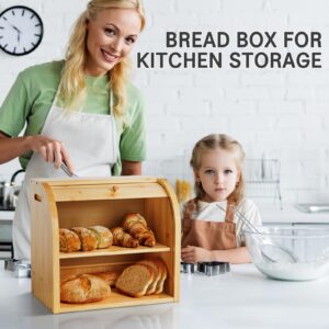 Merysen 2 Tier Bamboo Bread Box for Kitchen Countertop–Bread Storage Holder, Large Capacity Bread Storage Container, with Removable Layer for Home Storage and Display (Self-assembly)