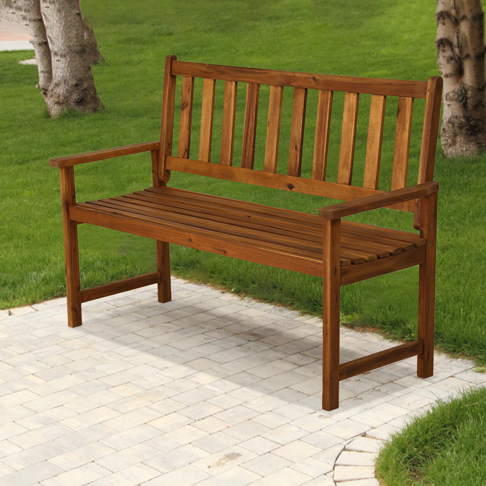 Yewuli Outdoor Garden Wooden Bench,2-Person Garden Bench with Back and armrest, Acacia Wood Outdoor Bench Weatherproof for Patio,Front Porch,Park,Backyard,Wide Slatted Seat,Hold up to 705 LBS