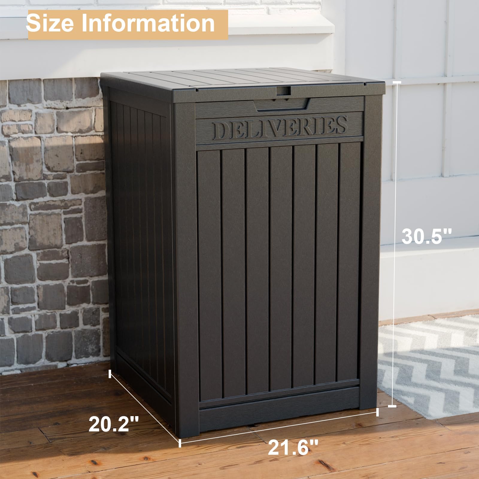 MAIUSCOLI 48 Gallon Resin Package Delivery Box - Rust & Moisture Resistant, Lockable, Waterproof Deck Box for Porches, Patios, Indoor & Outdoor Use (Blcak, 48 Gallon)