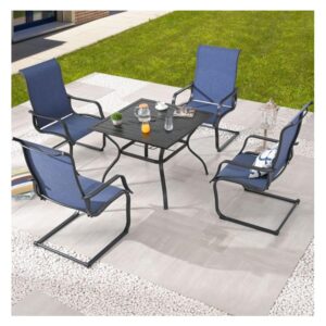 PatioFestival Outdoor C-Spring Dining Chairs Set of 4, Patio Sling High Back Springy Chairs,Textilene Fabric & Black Metal Frame（Blue）