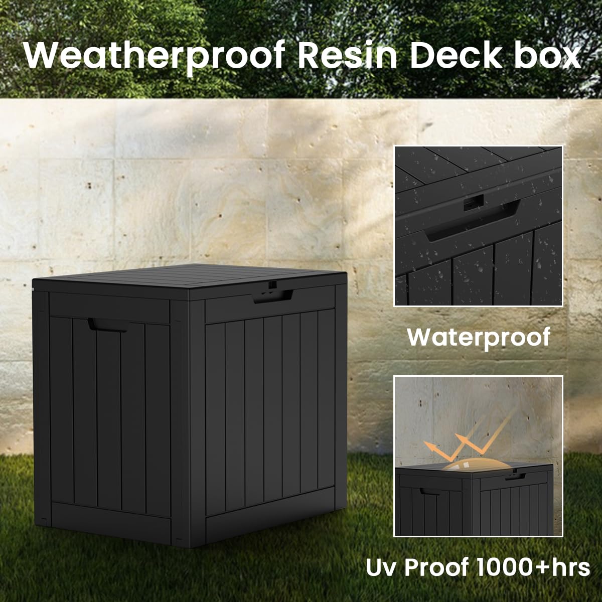 Clussbin 30 Gallon Deck Box Lockable Resin Waterproof Outdoor Storage Delivery Box Waterproof for Patio Furniture Garden Tools Pool Supplies Black