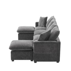 Yoglad 4 Seat Modular Sectional Sofa,Deep Seat Comfy Upholstered Furniture,with Moveable Ottomans,2 Pillows,for Livingroom,Bedroom, Apartment, Office.(Chenille Black)