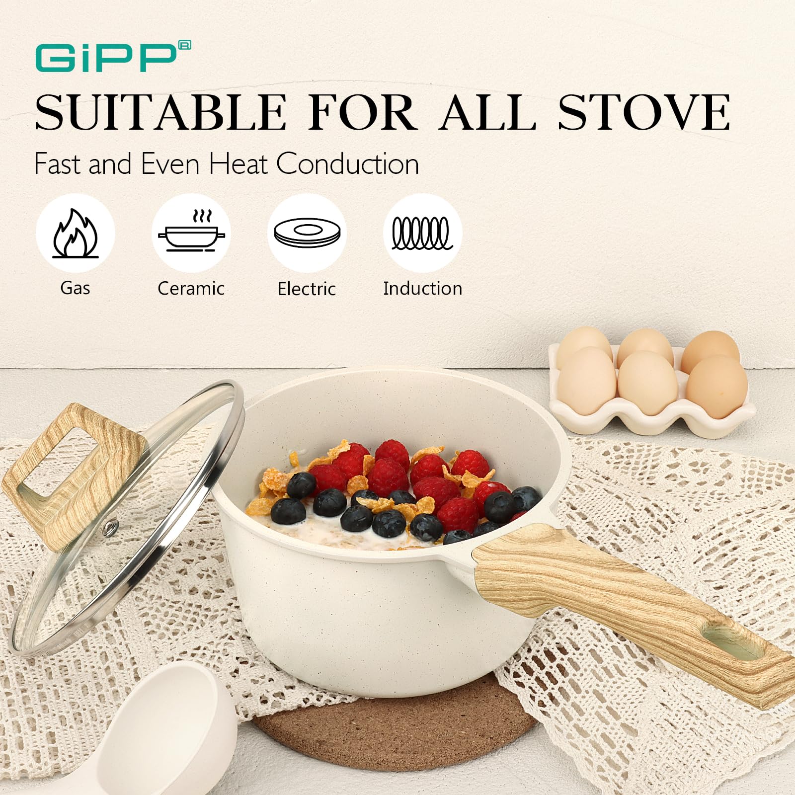 GiPP 1.5Qt & 2.5Qt Sauce Pan Set with Lid Nonstick - White Granite Non Stick Saucepan 4Pcs Sauce Pots Cooking Pot with Stay-cool Handle, Small Kitchen Pots Set Induction Pot, PFOA Free