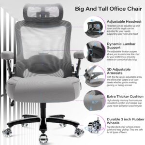 500lbs Big and Tall Office Chair- Heavy Duty Executive Computer Chair with 3D Flip Arms Large Wheels, Ergonomic Mesh High Back Desk Chair, Extra Wide Seat Adjustable Lumbar Support&Headrest