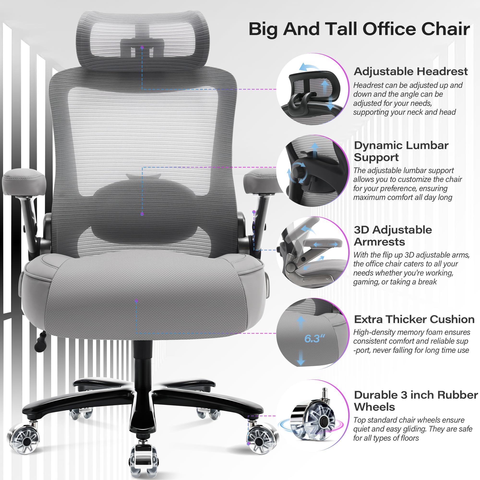 500lbs Big and Tall Office Chair- Heavy Duty Executive Computer Chair with 3D Flip Arms Large Wheels, Ergonomic Mesh High Back Desk Chair, Extra Wide Seat Adjustable Lumbar Support&Headrest