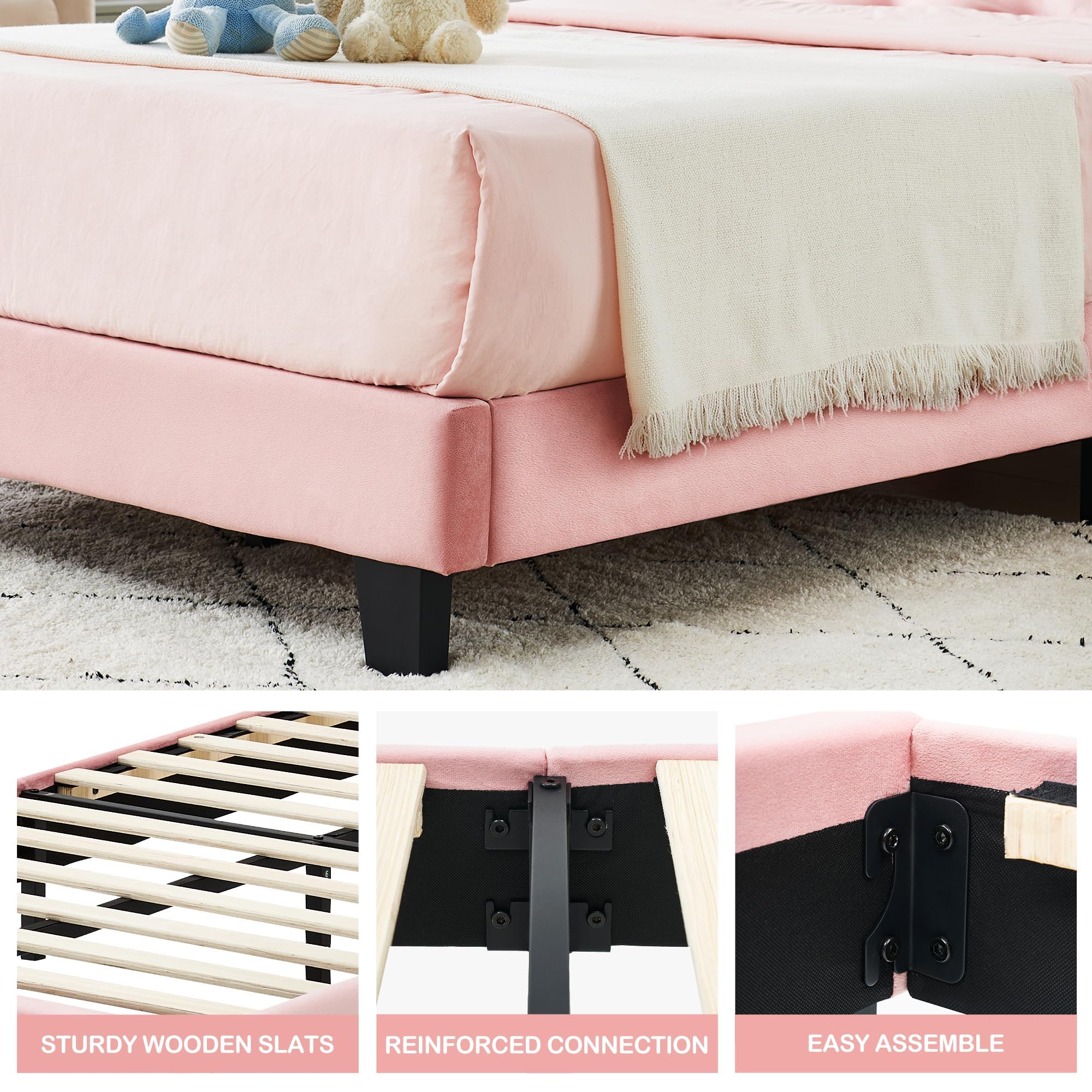 GAOMON Twin Size Bed Frame with Velvet Upholstered Headboard and Wooden Slats Support, Platform Twin Bed No Box Spring Needed, Noise-Free, Easy Assembly, Pink