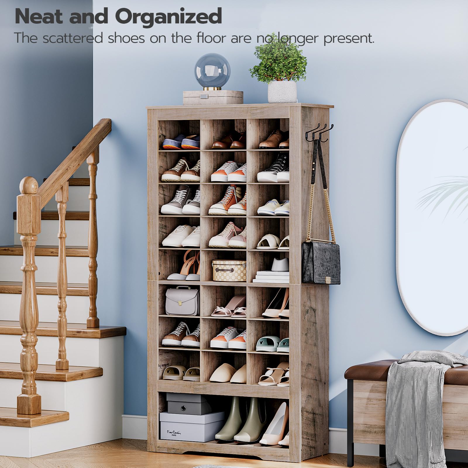 HOOBRO Tall Shoe Cabinet, 9 Tier Shoe Storage Cabinet, Freestanding Wooden Shoe Cabinet Organizer with 24 Cubbies and 3 Hooks, for Entryway, Closet, Living Room, Greige BG24SC01