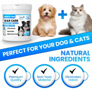 Zenpaws Dogs & Cats Ear Cleaner Finger Wipes - Relieve Ear Itching & Inflammation - Reduce Dirt, Odor and Wax Build - Natural Ingredients - Sooths & Deodorizes – 50 Count