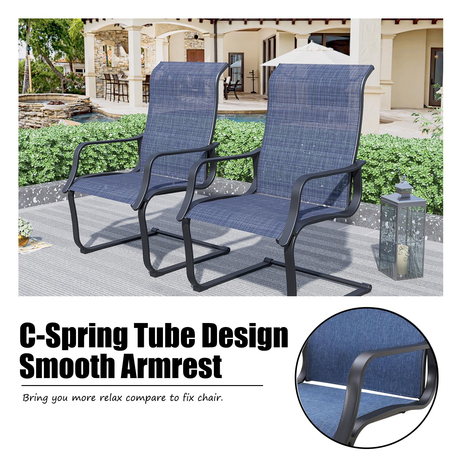 PatioFestival Outdoor C-Spring Dining Chairs Set of 4, Patio Sling High Back Springy Chairs,Textilene Fabric & Black Metal Frame（Blue）