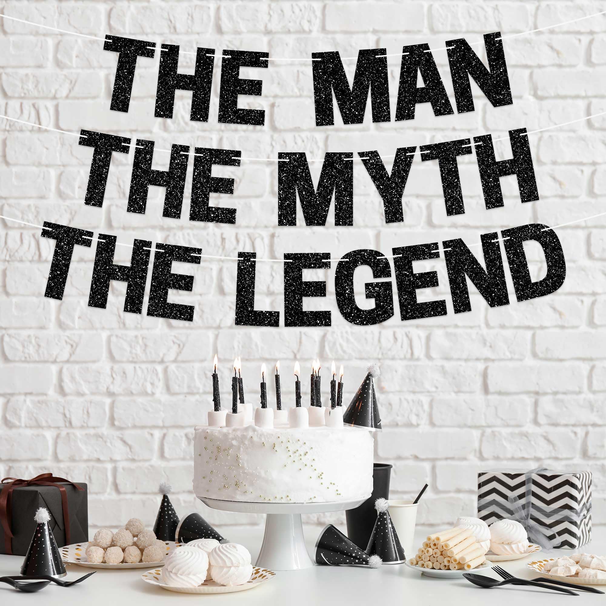 Pre-Strung The Man The Myth The Legend Banner - NO DIY - Black Glitter Banner For Men - Pre-Strung on 8 ft Strand - Birthday, Fathers Day, Retirement Party Decorations for Men. Did we mention no DIY?