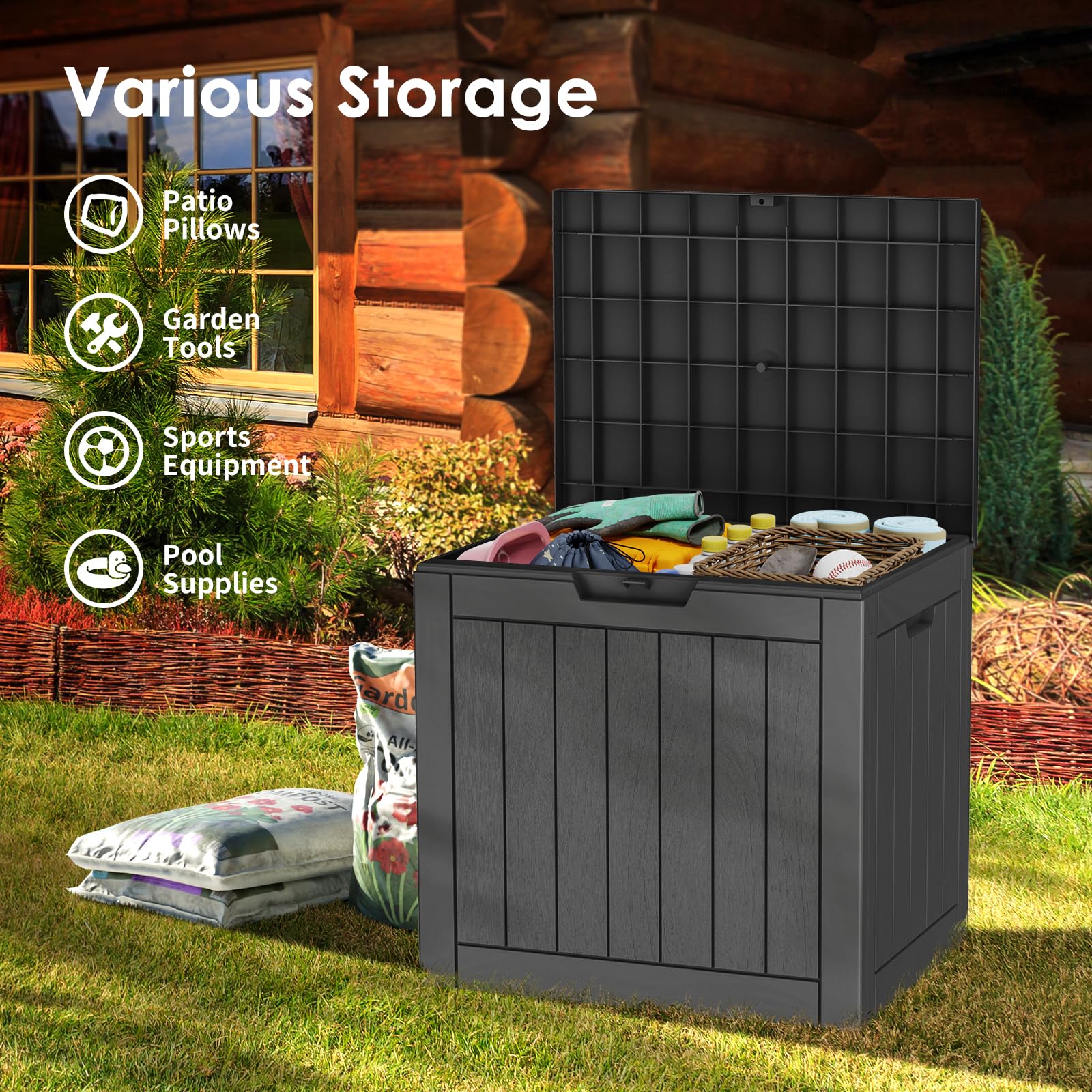 Clussbin 30 Gallon Deck Box Lockable Resin Waterproof Outdoor Storage Delivery Box Waterproof for Patio Furniture Garden Tools Pool Supplies Black