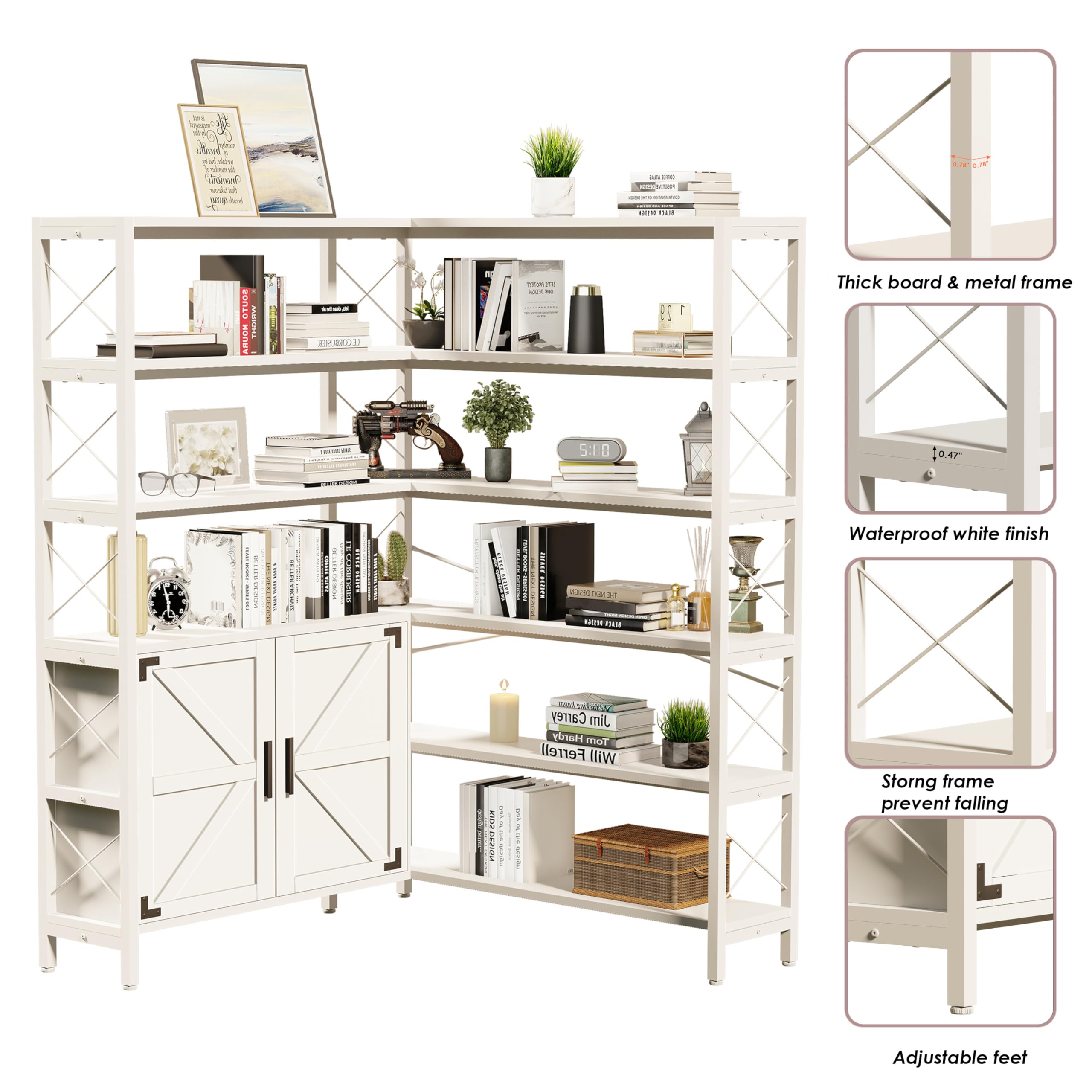 GLAUBIO 6-Tier Corner Bookcase,Farmhouse Style Corner Bookshelf, 5-Tier Tall Corner Shelf Storage Display Rack with Metal Frame for Living Room Home Office,White