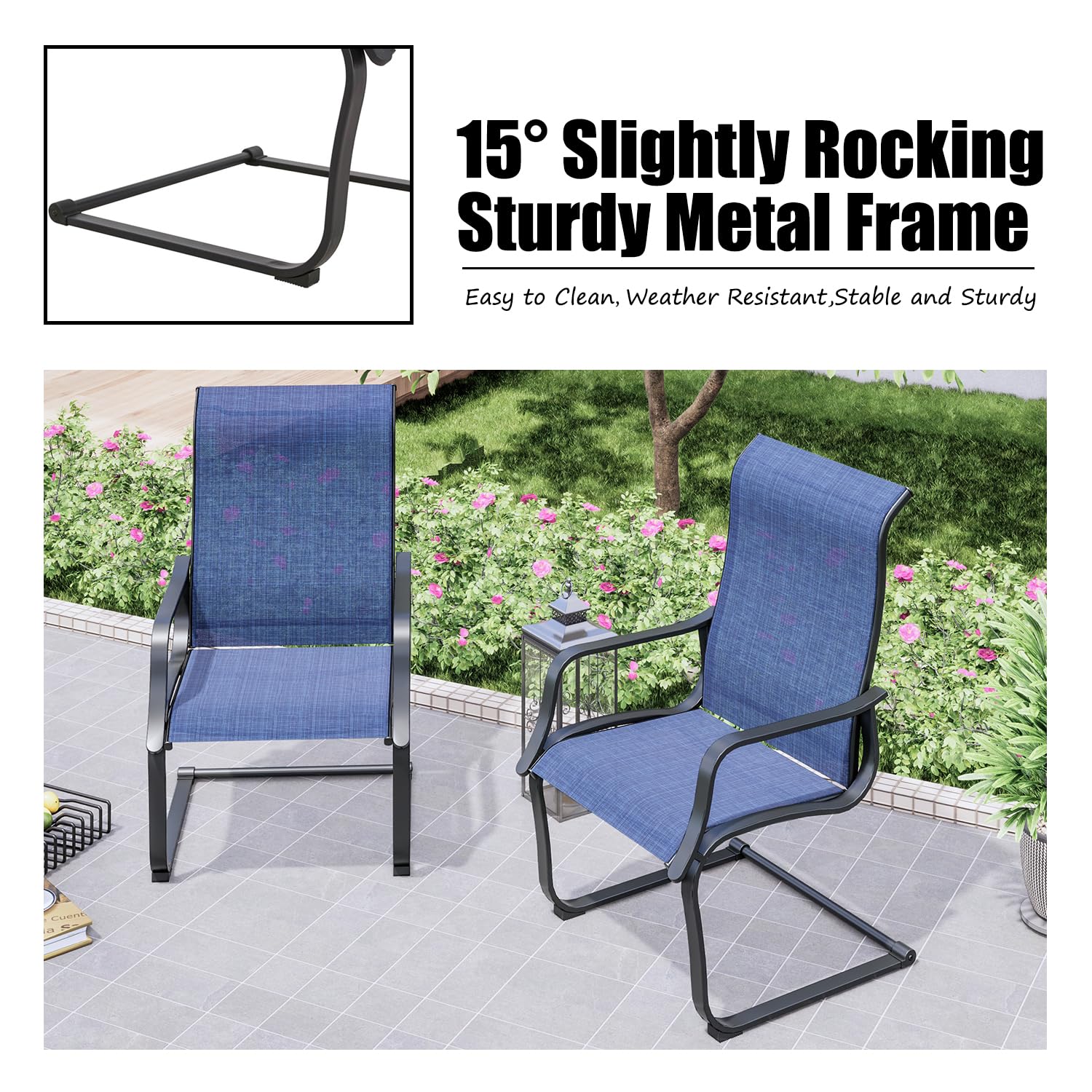 PatioFestival Outdoor C-Spring Dining Chairs Set of 4, Patio Sling High Back Springy Chairs,Textilene Fabric & Black Metal Frame（Blue）