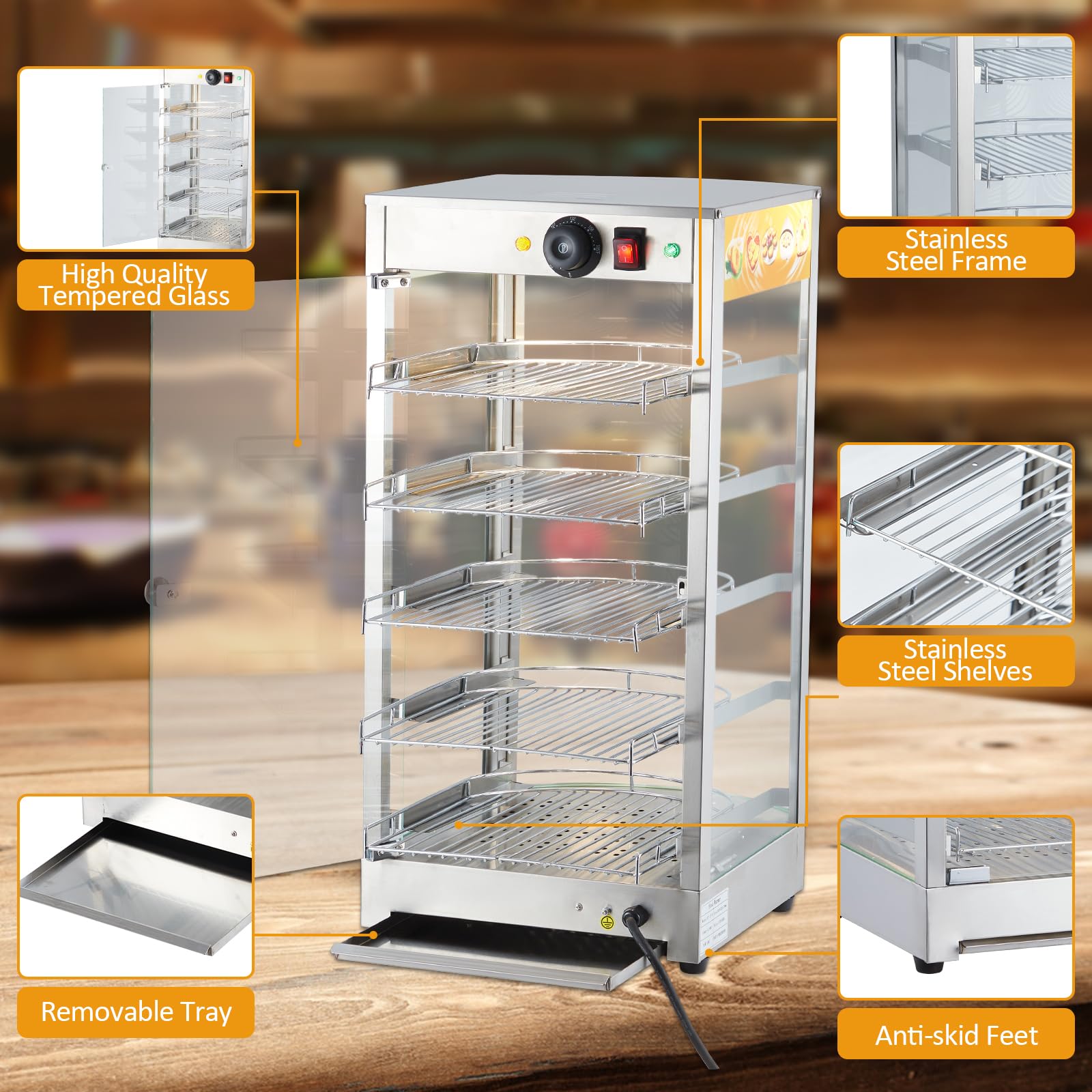 Commercial Food Warmer Display Cabinet, 14-inch 5-Tier, 800-Watt Pizza Warmer with 3D Heating, Bottom Fan, Countertop Pastry Warmer with Temperature Knob/Indicator, Stainless Steel Frame Glass Door