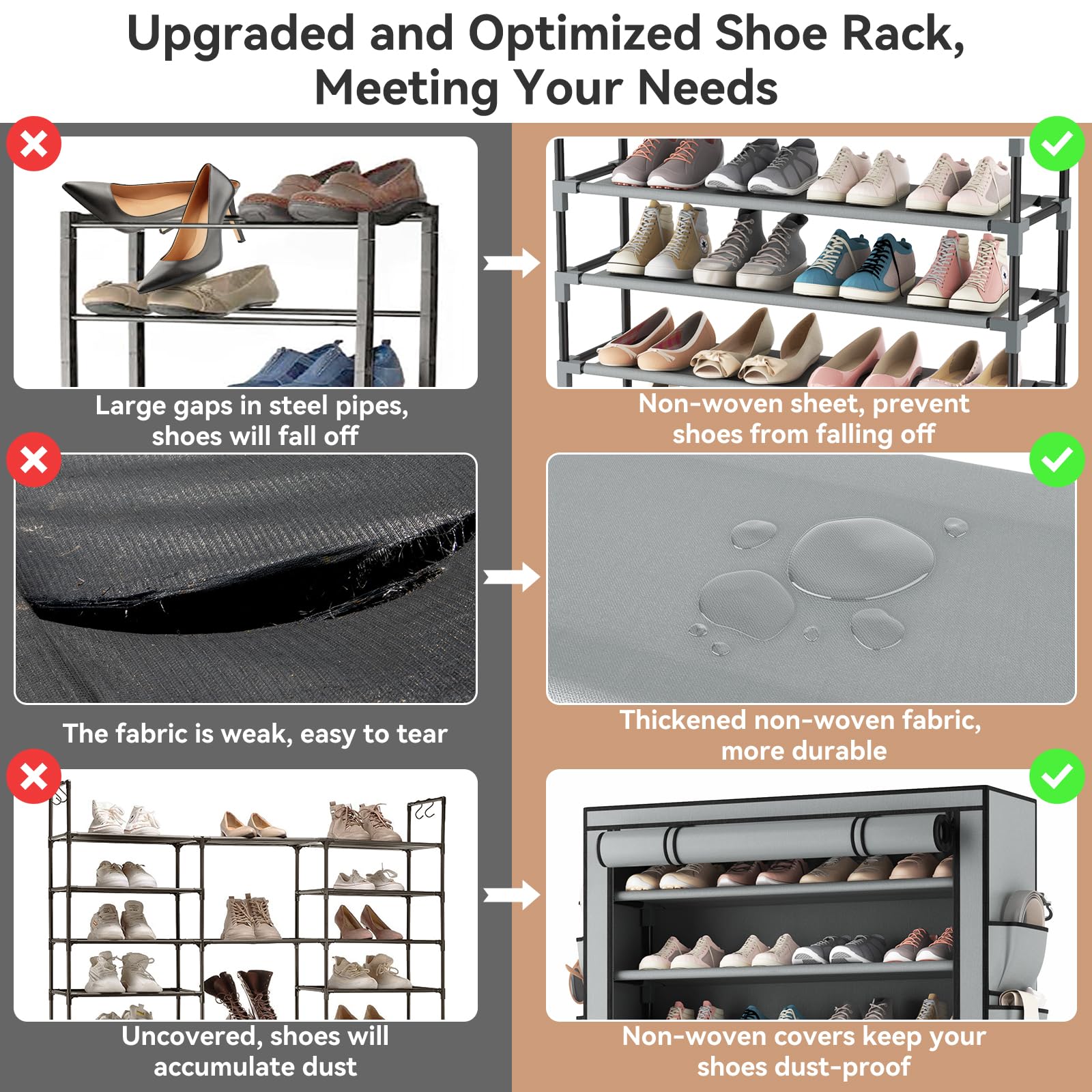 LANTEFUL Shoe Rack with Covers 10 Tier Tall Shoe Rack Organizer Large Capacity Shoe Shelf Storage 40 Pairs Space Saving Free Standing Shoe Storage Organizer for Closet, Entryway, Dorm, Grey