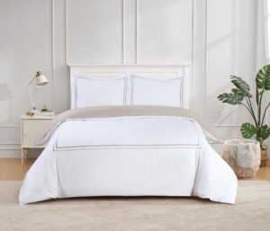 majestic giftware madison linen 6-piece queen size duvet bedding set (bl51-q-3) | flora hotel collection-white-taupe embroidery 400 tc cotton sateen | 1 fitted sheet, 1 duvet, 4 pillowcases