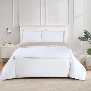 Majestic Giftware Madison Linen 6-Piece Queen Size Duvet Bedding Set (BL51-Q-3) | Flora Hotel Collection-White-Taupe Embroidery 400 TC Cotton Sateen | 1 Fitted Sheet, 1 Duvet, 4 Pillowcases