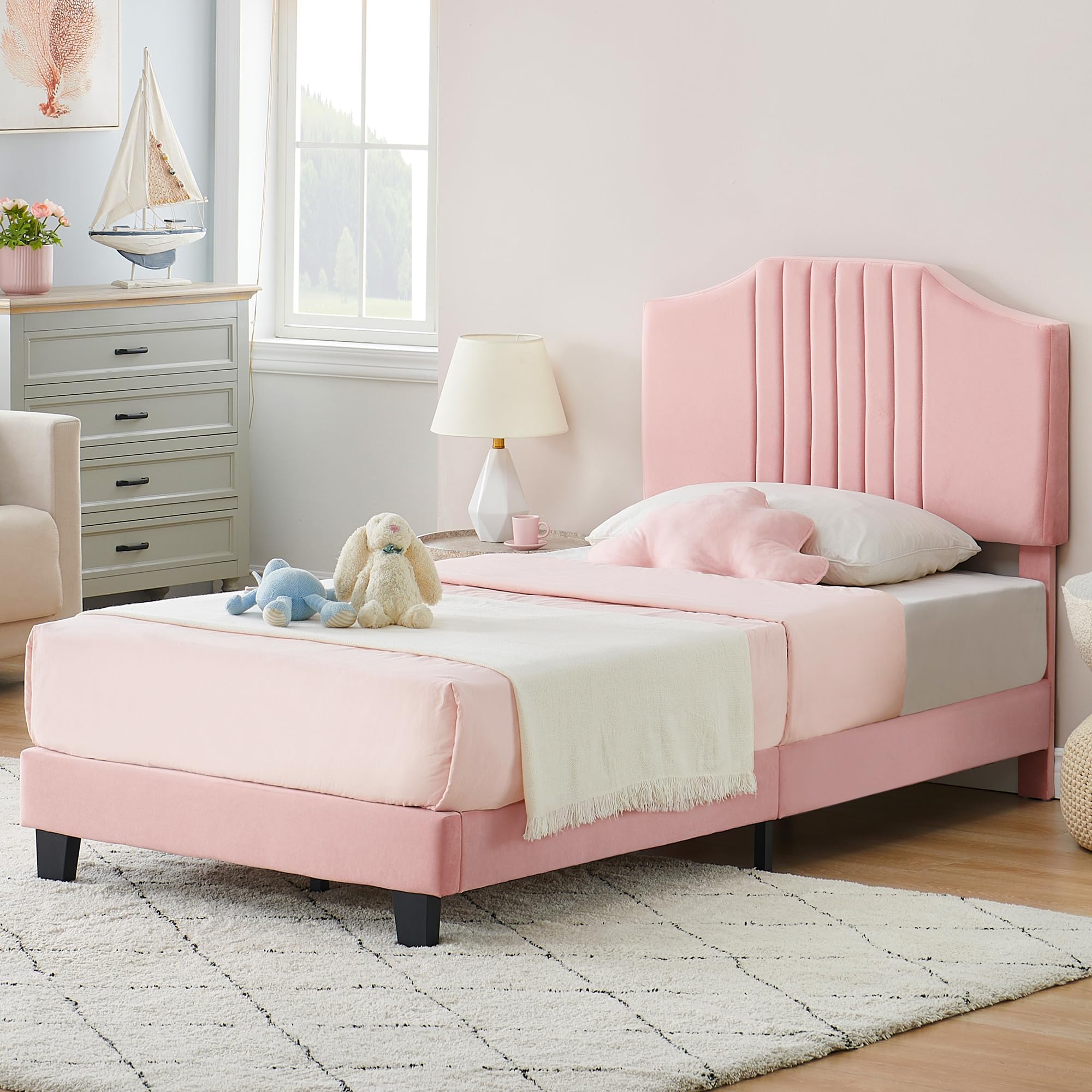 GAOMON Twin Size Bed Frame with Velvet Upholstered Headboard and Wooden Slats Support, Platform Twin Bed No Box Spring Needed, Noise-Free, Easy Assembly, Pink