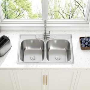 JoviPrime 33 Inch Double Bowl Drop In 50/50 Kitchen Sink Top Mounted 18 Gauge 304 Stainless Steel Sink with Strainer 33" x 22" x 9"