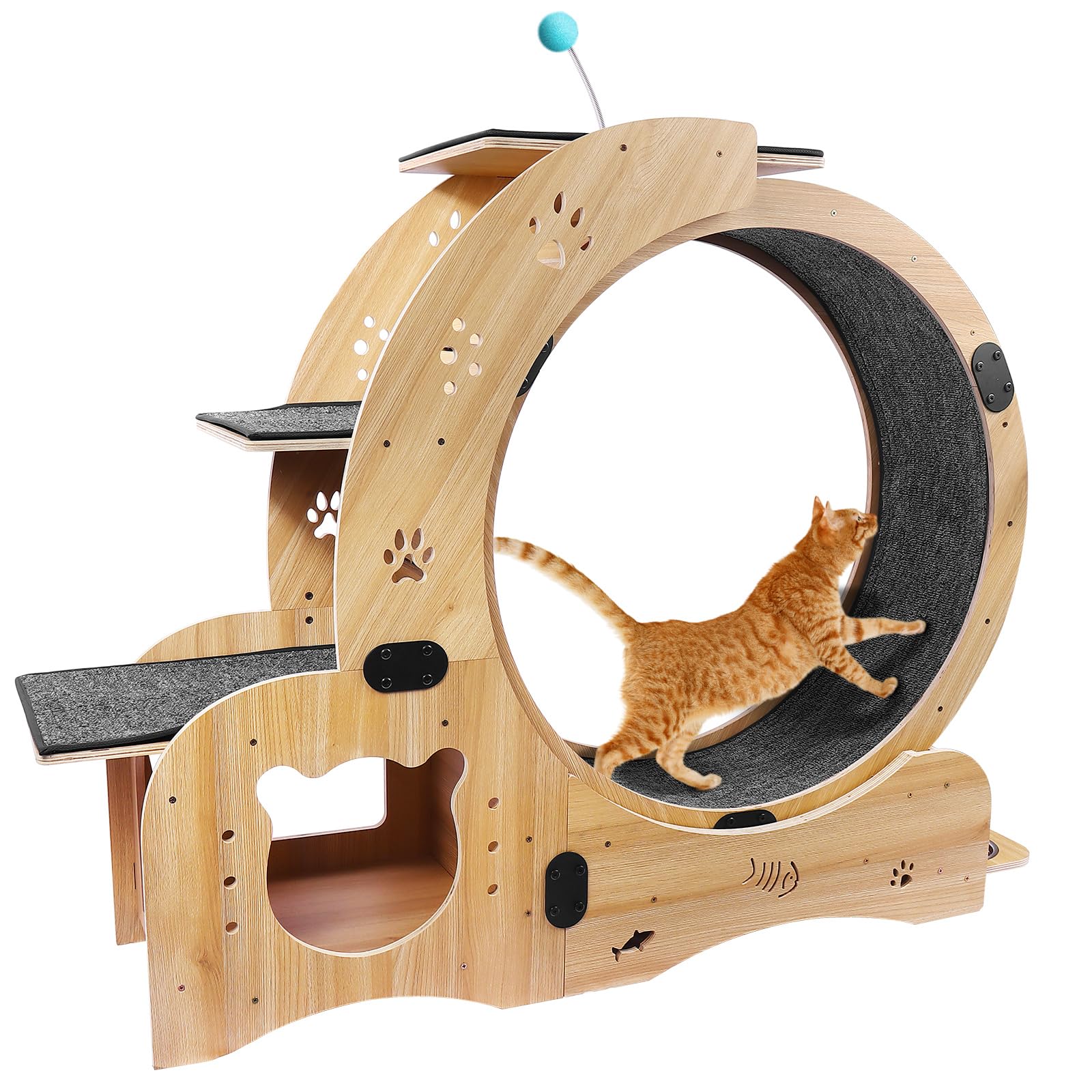 Rovibek Cat Exercise Wheel Indoor Cat Treadmill 4 in 1 Ultra Quiet Cat Running Wheel Exerciser for Indoor Cats with Climbing Ladders Cat Bowls Silent Roller, Solid Wood, Fits Most Cats