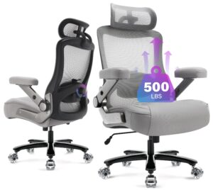 500lbs big and tall office chair- heavy duty executive computer chair with 3d flip arms large wheels, ergonomic mesh high back desk chair, extra wide seat adjustable lumbar support&headrest