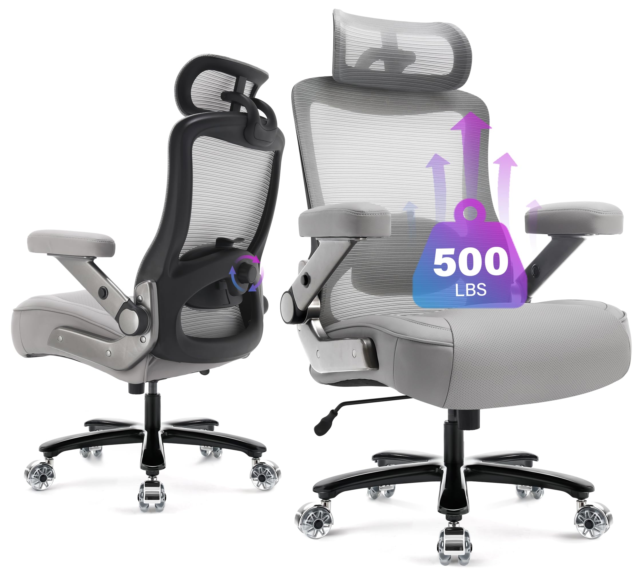 500lbs Big and Tall Office Chair- Heavy Duty Executive Computer Chair with 3D Flip Arms Large Wheels, Ergonomic Mesh High Back Desk Chair, Extra Wide Seat Adjustable Lumbar Support&Headrest