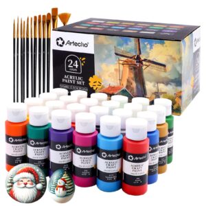 artecho acrylic paint set 24 colors 2oz/59ml with 12 brushes, art craft paints kit, paint for canvas, rocks, wood, fabric, ceramic and art supplies, non toxic paint for artists and beginners