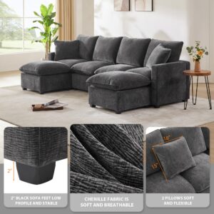 Yoglad 4 Seat Modular Sectional Sofa,Deep Seat Comfy Upholstered Furniture,with Moveable Ottomans,2 Pillows,for Livingroom,Bedroom, Apartment, Office.(Chenille Black)