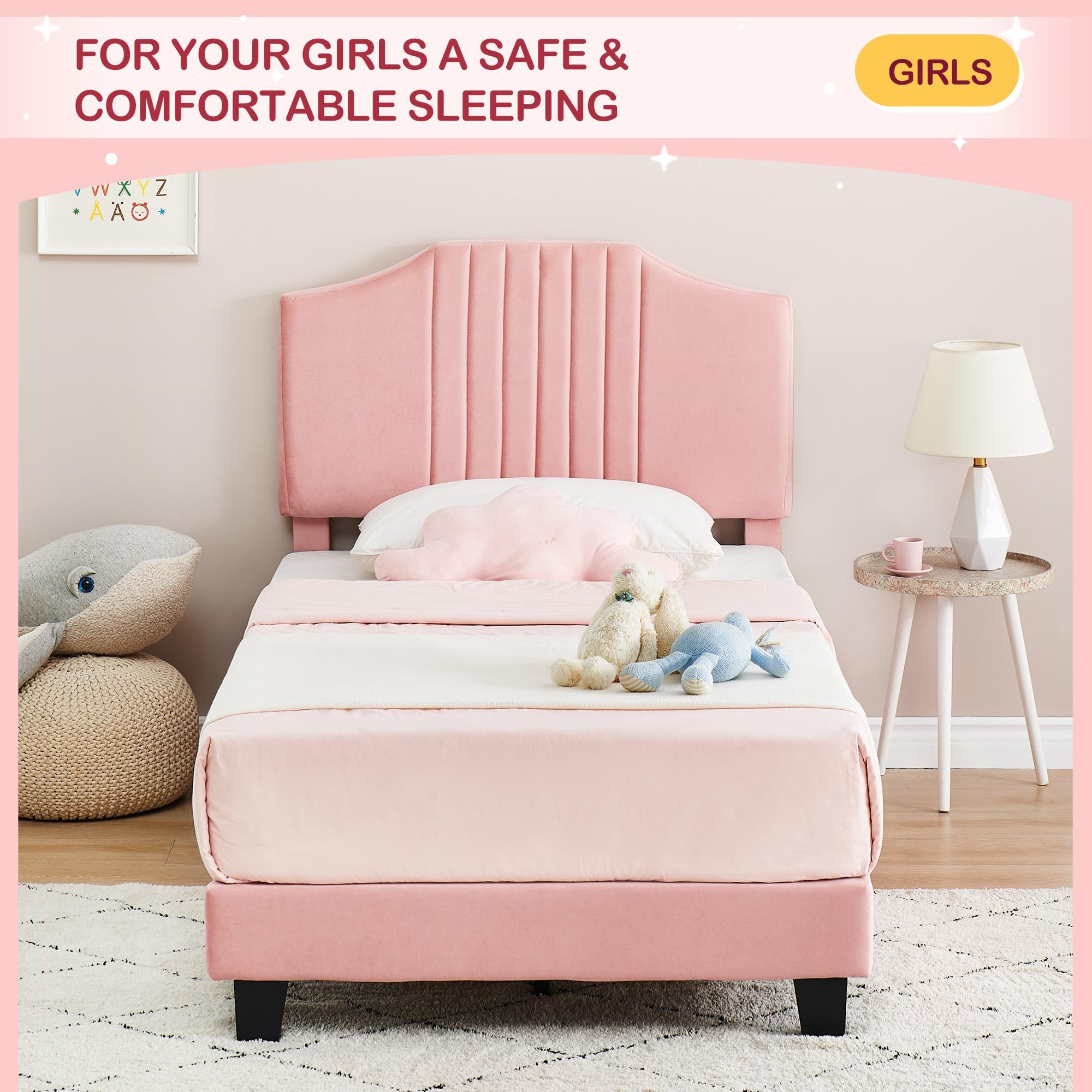 GAOMON Twin Size Bed Frame with Velvet Upholstered Headboard and Wooden Slats Support, Platform Twin Bed No Box Spring Needed, Noise-Free, Easy Assembly, Pink