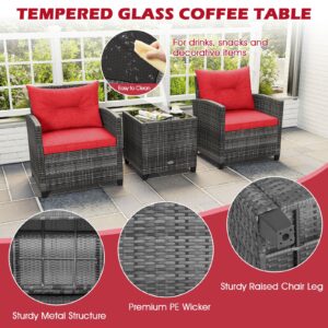 ORALNER Patio Furniture, 3 Pieces Outdoor Wicker Conversation Set Chairs with Soft Cushions and Glass Coffee Table, Rattan Bistro Set for Balcony Garden Deck Front Porch Poolside (Red)