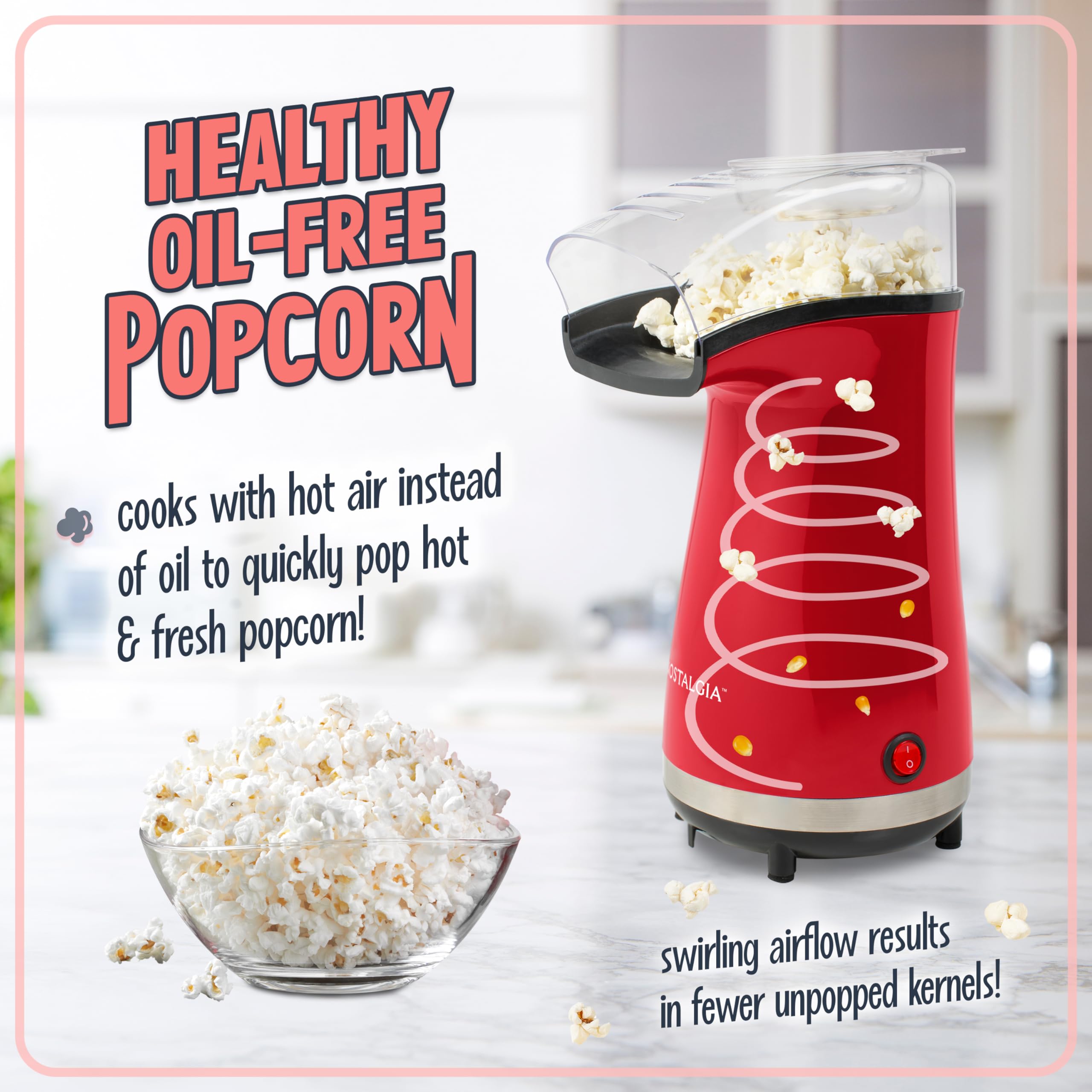 Nostalgia 16 Cup Hot Air Popcorn Maker | Makes Hot, Healthy Popcorn, No Oil Needed | Measuring Cap for Kernels Included | Stainless Steel | Red