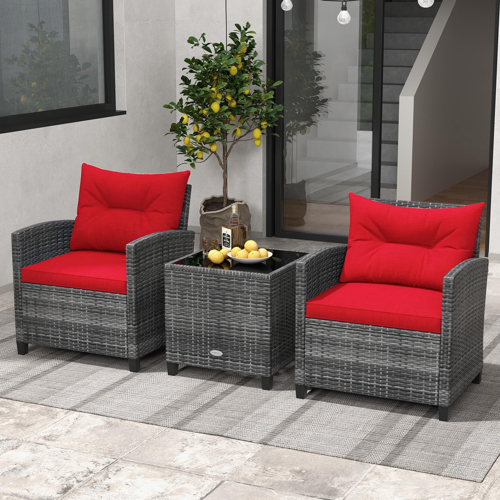 ORALNER Patio Furniture, 3 Pieces Outdoor Wicker Conversation Set Chairs with Soft Cushions and Glass Coffee Table, Rattan Bistro Set for Balcony Garden Deck Front Porch Poolside (Red)