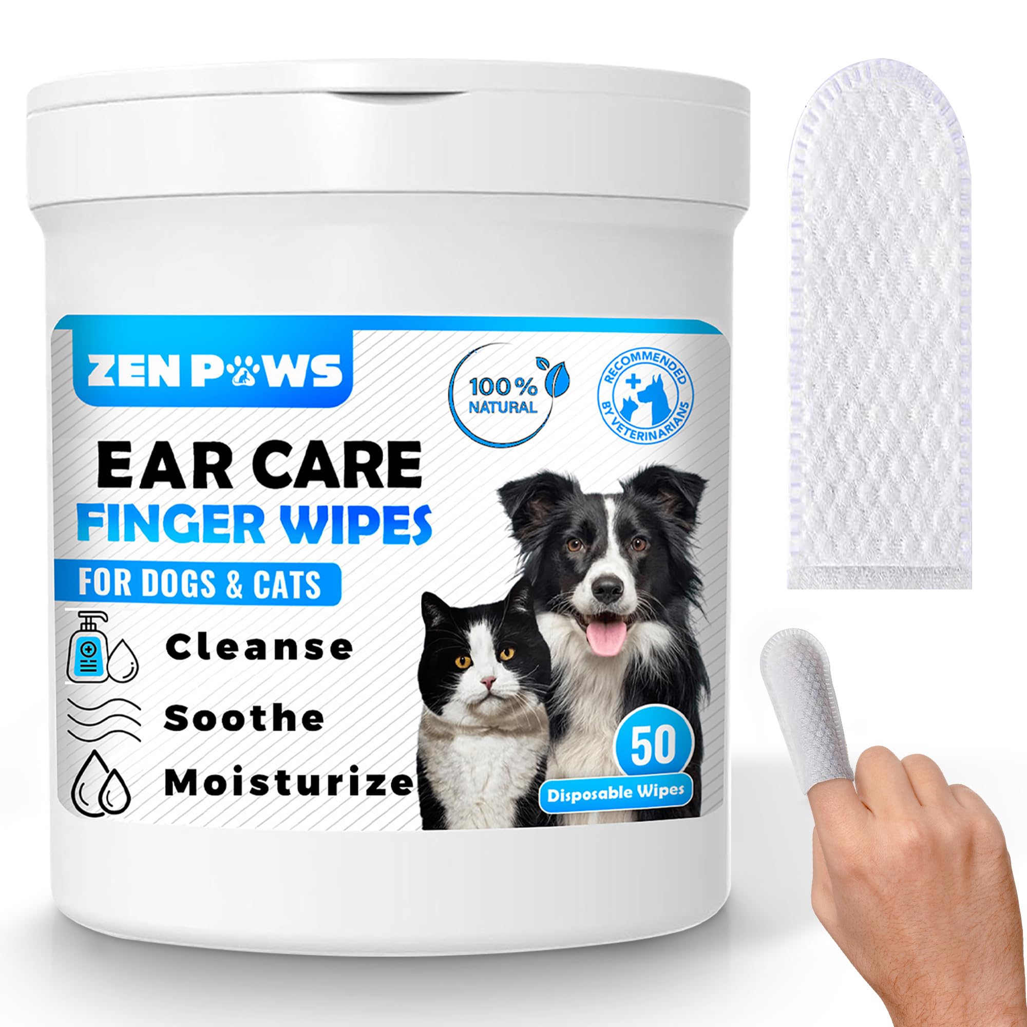 Zenpaws Dogs & Cats Ear Cleaner Finger Wipes - Relieve Ear Itching & Inflammation - Reduce Dirt, Odor and Wax Build - Natural Ingredients - Sooths & Deodorizes – 50 Count