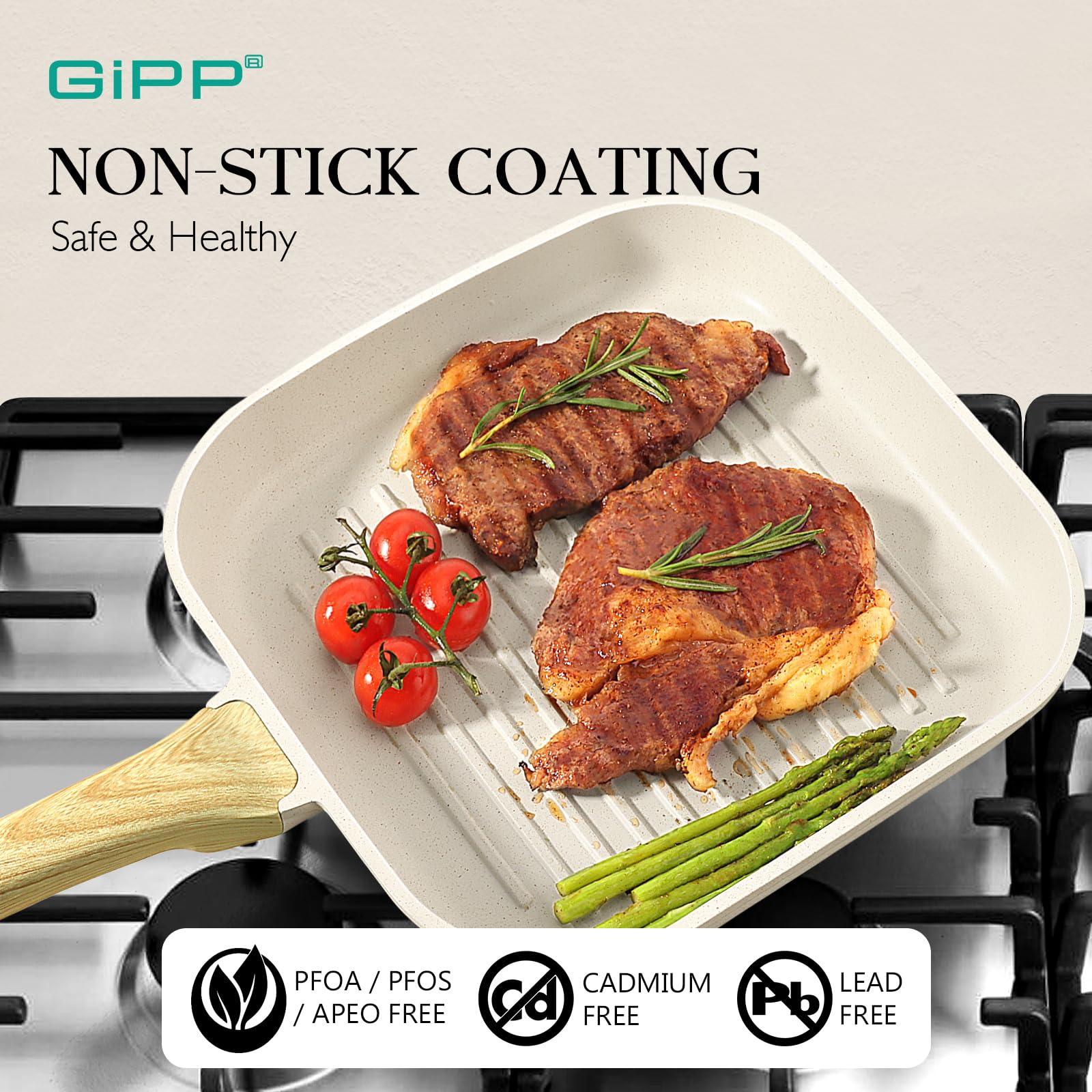 GiPP Nonstick Grill Pan for Stove Tops - 11 Inch Square Grilling Pan for Indoor Cooking & Outdoor Grilling, Non Stick Granite Grill Skillet Steak Pan, PFOA Free, White