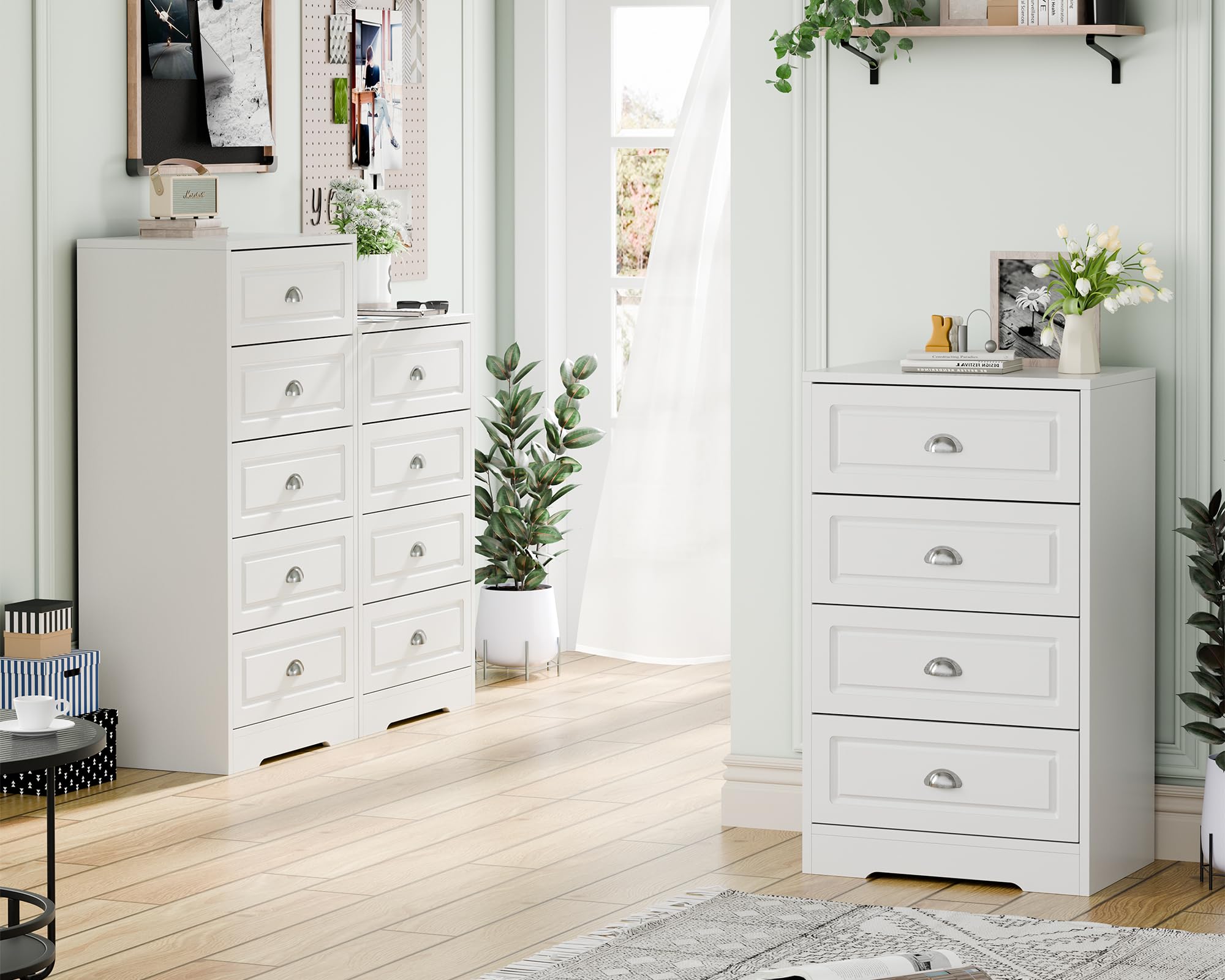 SUNLEI 4 Drawer Vertical Dresser, Tall White Dresser, Trapezoidal Design with Handle-Drawer Chest for Ample Storage, Chest of Drawers for Bedroom, Entryway, Living Room, Hallway (White, 4 Drawer)