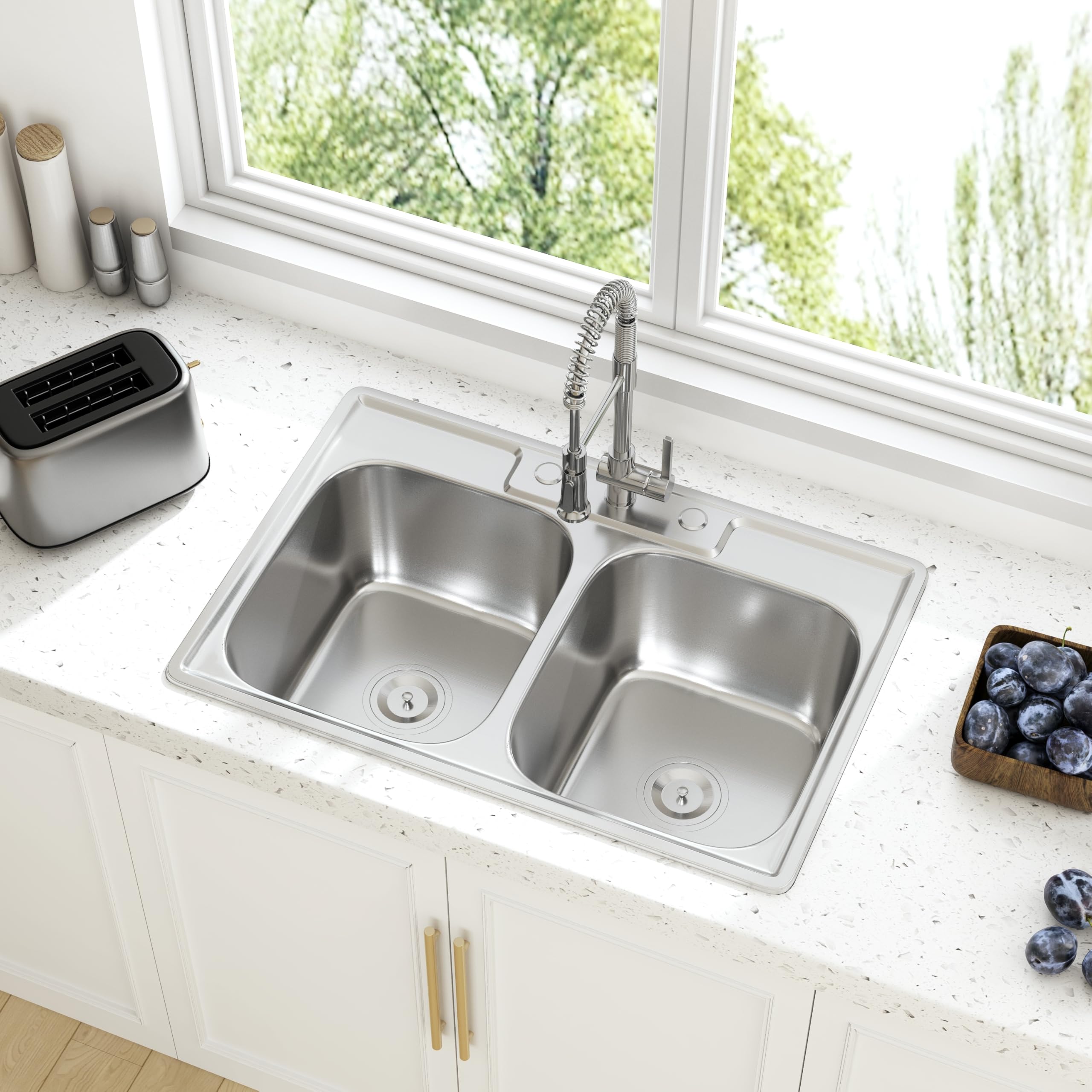 JoviPrime 33 Inch Double Bowl Drop In 50/50 Kitchen Sink Top Mounted 18 Gauge 304 Stainless Steel Sink with Strainer 33" x 22" x 9"