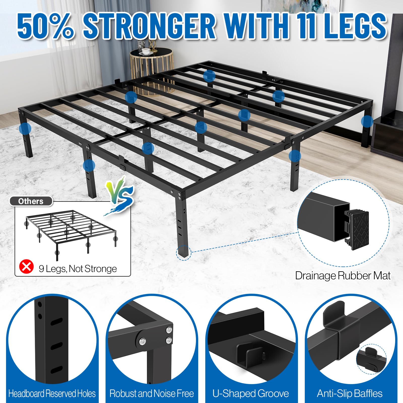 DOFIMATE 16 inch High Mental King Size Bed Frame with Headboard Hole,3900LBS King Size Platform Bed Frame with Storage Space Under Bed,No Box Spring Needed,Easy Assembly