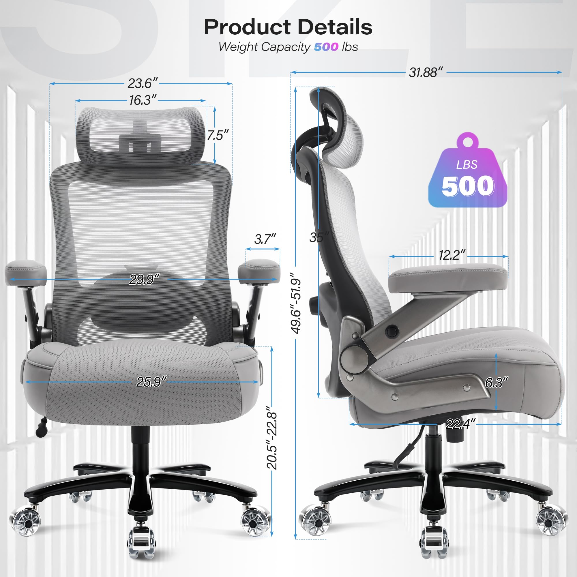 500lbs Big and Tall Office Chair- Heavy Duty Executive Computer Chair with 3D Flip Arms Large Wheels, Ergonomic Mesh High Back Desk Chair, Extra Wide Seat Adjustable Lumbar Support&Headrest