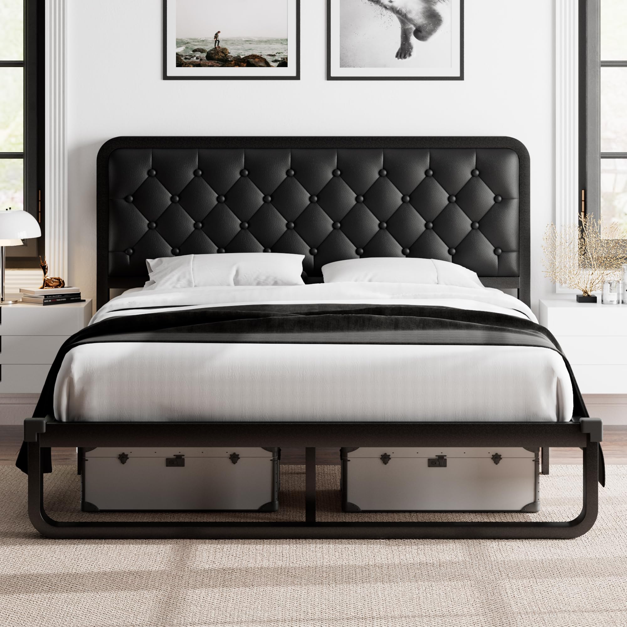 Feonase Queen Bed Frame, Upholstered Platform Bed Frame with Heavy-Duty Steel Slats, Diamond Tufted Headboard, 12" Storage Space, No Box Spring Needed, Noise Free, Easy Assembly, Black