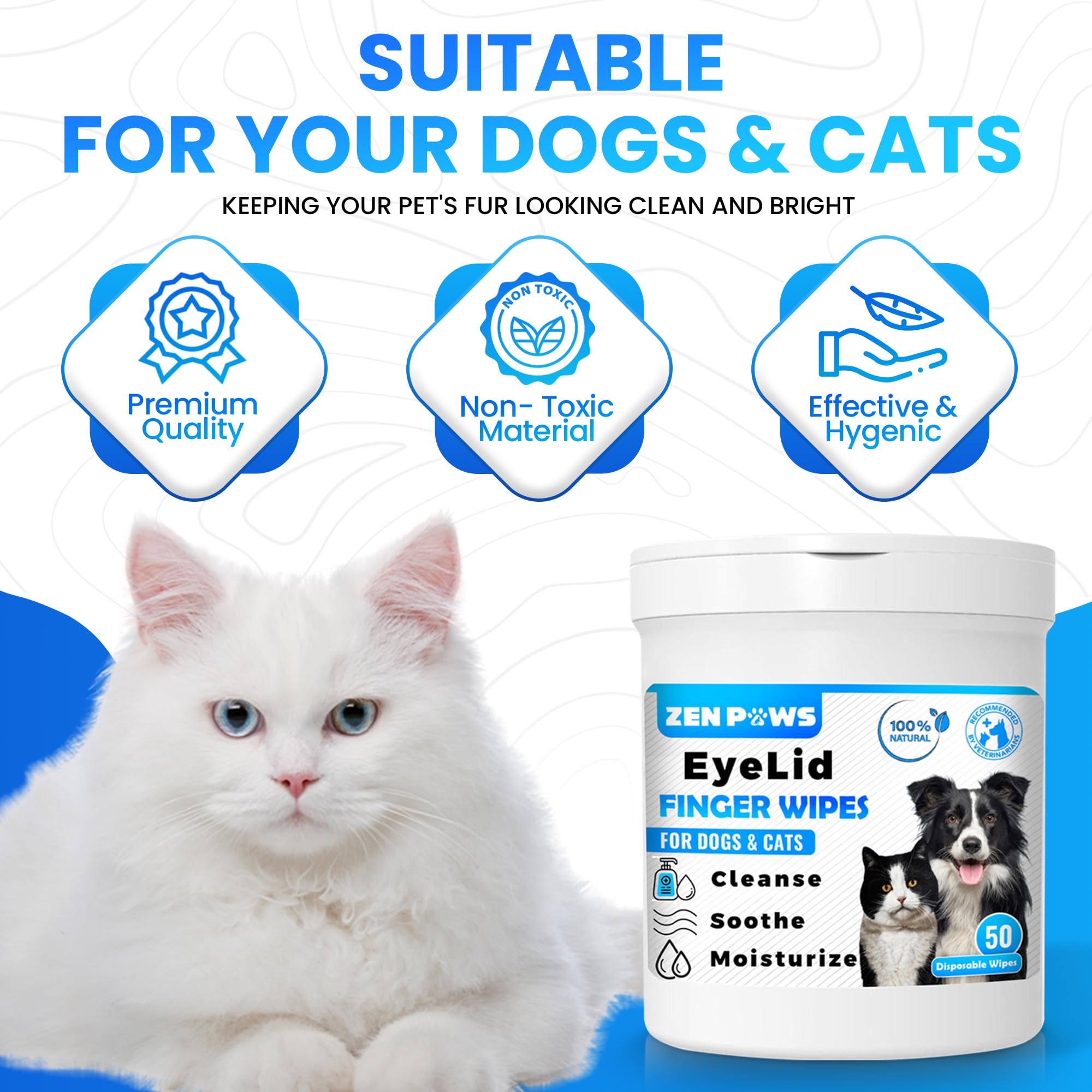 Zenpaws Cat & Dog Eye Wipes – Easy to Use 50 Finger Wipes – Gently Remove Tear Stains, Eye Discharge, Discharge, Mucus Secretions. Treats Inflammation & Itchiness