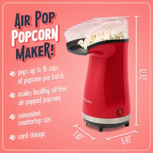 Nostalgia 16 Cup Hot Air Popcorn Maker | Makes Hot, Healthy Popcorn, No Oil Needed | Measuring Cap for Kernels Included | Stainless Steel | Red