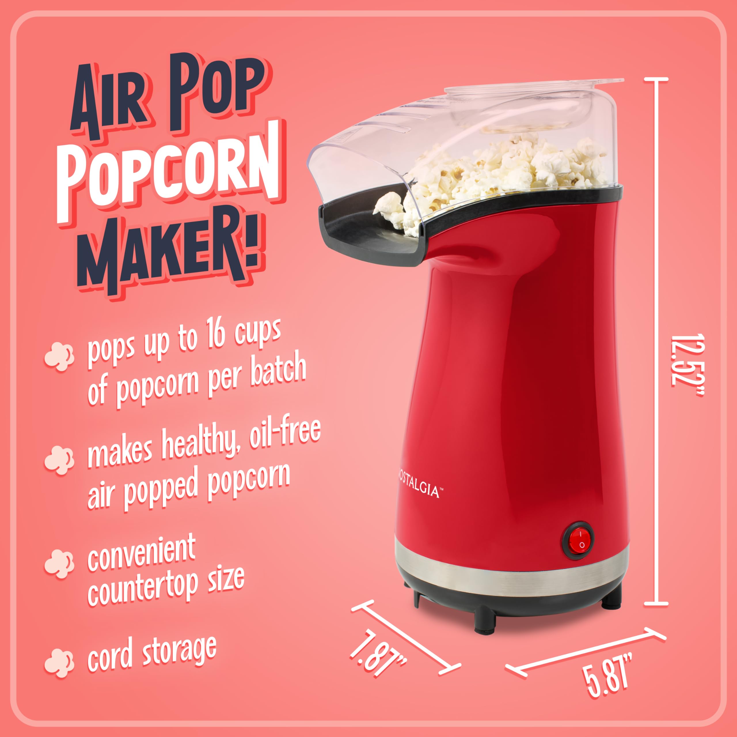 Nostalgia 16 Cup Hot Air Popcorn Maker | Makes Hot, Healthy Popcorn, No Oil Needed | Measuring Cap for Kernels Included | Stainless Steel | Red