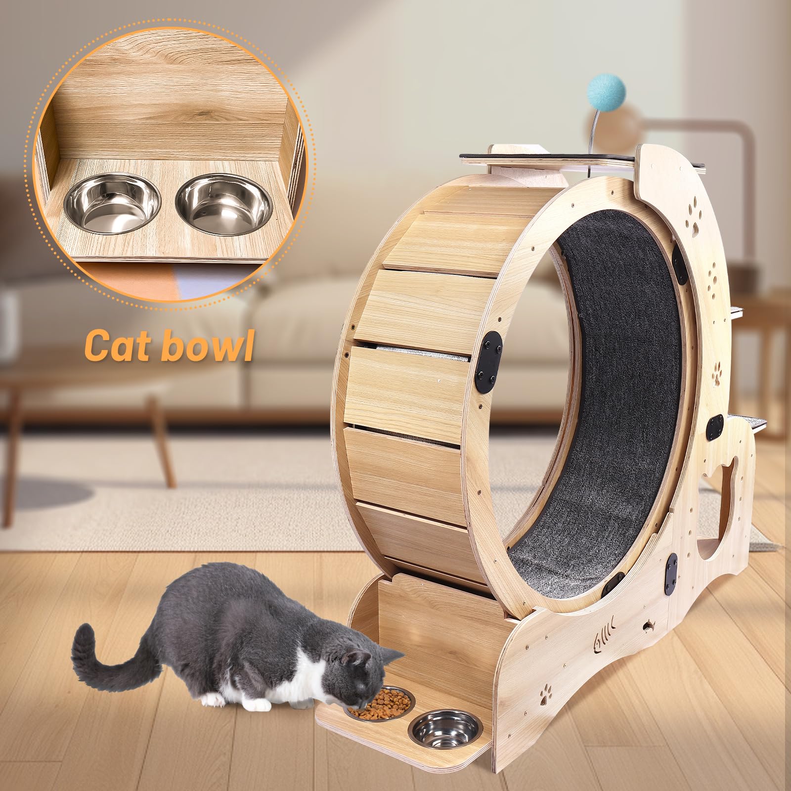 Rovibek Cat Exercise Wheel Indoor Cat Treadmill 4 in 1 Ultra Quiet Cat Running Wheel Exerciser for Indoor Cats with Climbing Ladders Cat Bowls Silent Roller, Solid Wood, Fits Most Cats