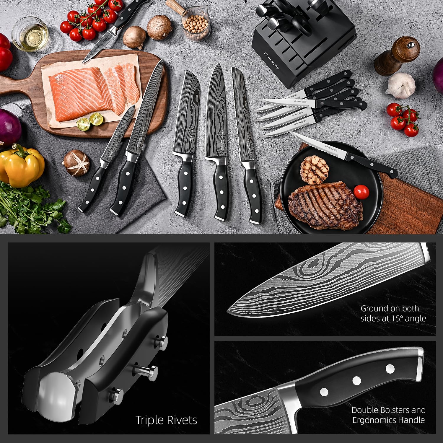 Knife Set, Emojoy 18-Piece Knife Sets for Kitchen with Block, Stainless Steel Kitchen Knives with Built-in Sharpener, Kitchen Shears and Carving Fork, Black