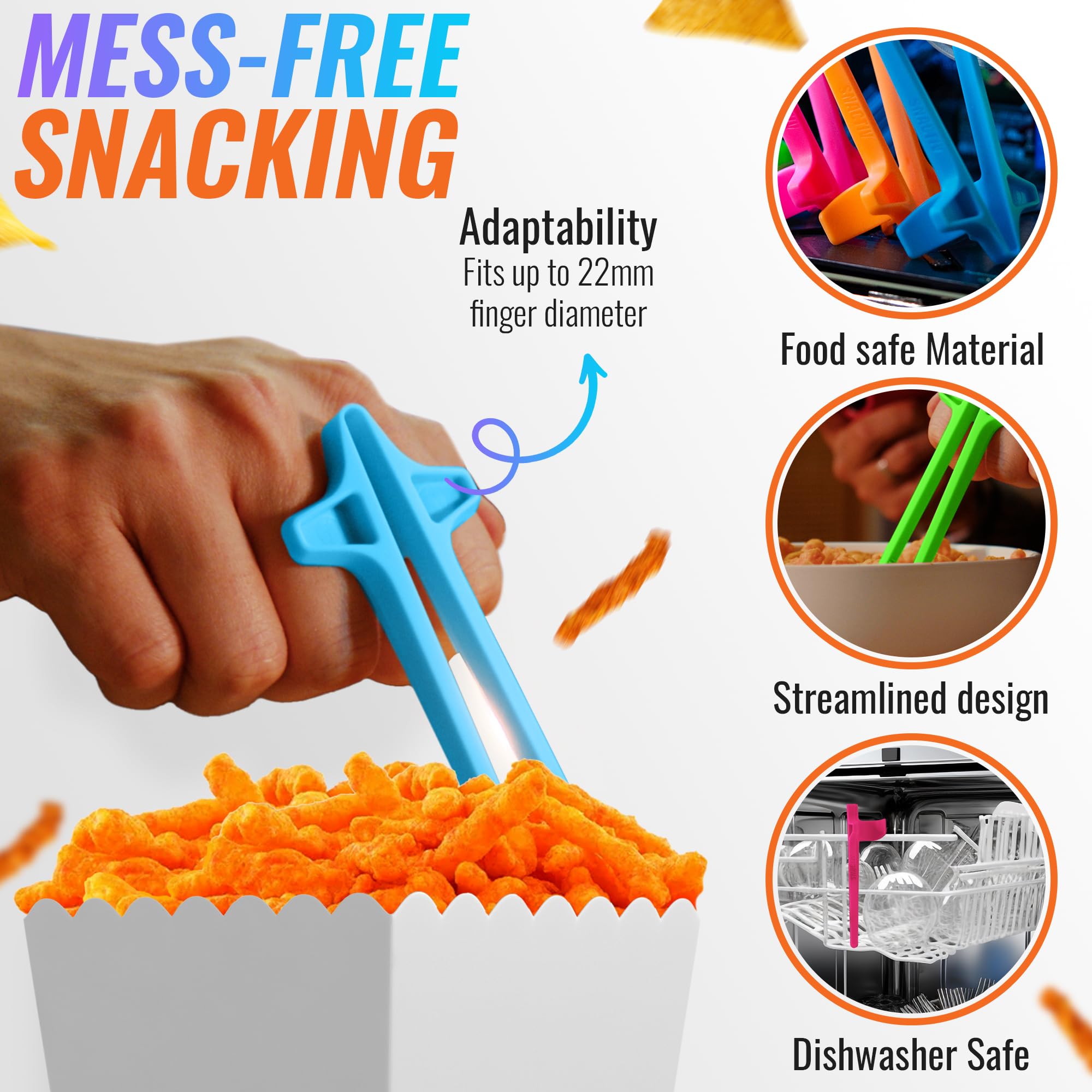 SNACTIV LITE Finger Chopsticks for Gamers 4PC NEON Bundle - As Seen on Shark Tank! The Official Snacking Tool of the Future - Enjoy Snacks and Chips with Ease - Innovative Gaming Snacking Solution