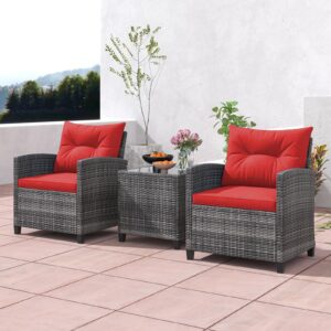 ORALNER Patio Furniture, 3 Pieces Outdoor Wicker Conversation Set Chairs with Soft Cushions and Glass Coffee Table, Rattan Bistro Set for Balcony Garden Deck Front Porch Poolside (Red)