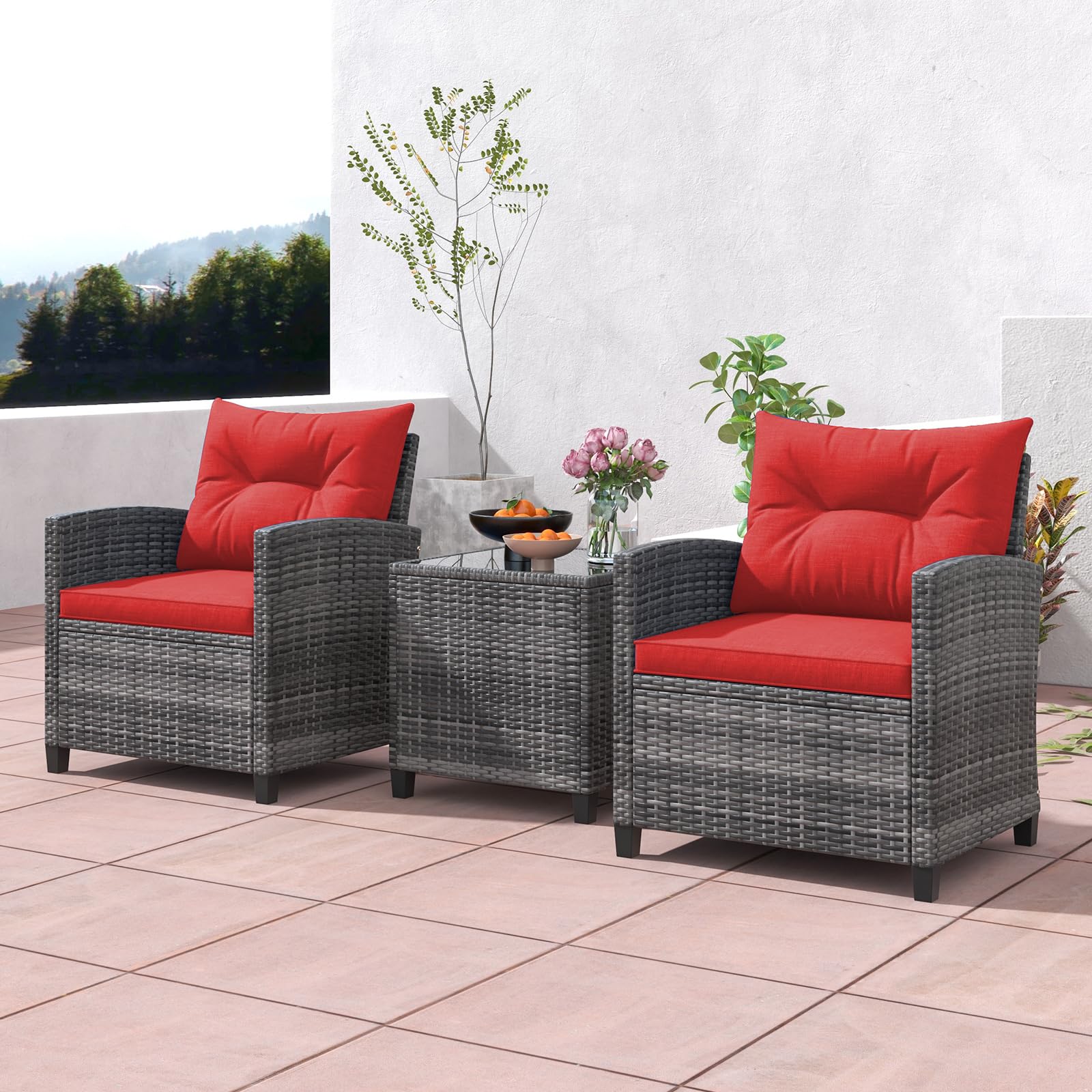 ORALNER Patio Furniture, 3 Pieces Outdoor Wicker Conversation Set Chairs with Soft Cushions and Glass Coffee Table, Rattan Bistro Set for Balcony Garden Deck Front Porch Poolside (Red)