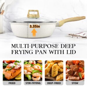 GiPP Nonstick Deep Frying Pan - 11 Inch Saute Pan with Lid Granite Induction Cookware, 4.5Qt Non Stick Woking Pan Skillet, PFOA PFOS APEO Free, White